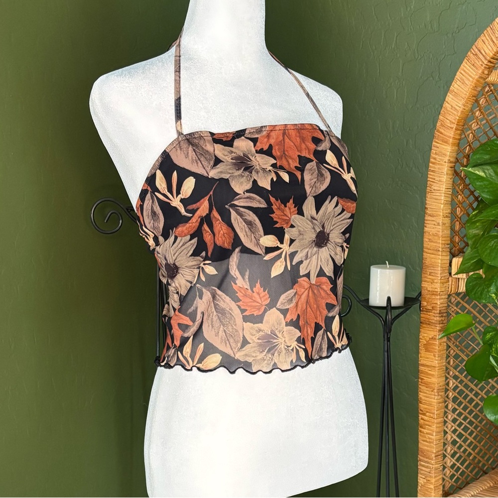 Burnt Orange Black and Brown Fall Autumn Leaves Floral Halter Mesh Y2K Crop Top